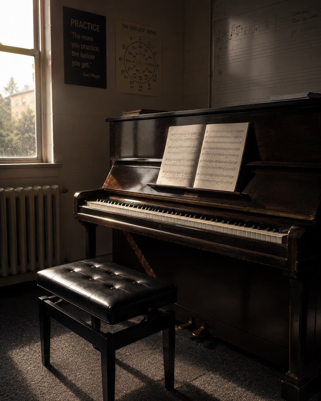 An upright piano in a sunlit practice room, sheet music open on the stand